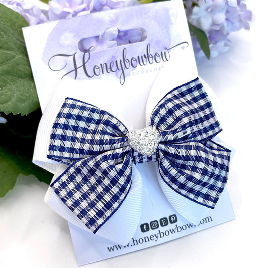 3.5 inch Navy gingham double tux bow