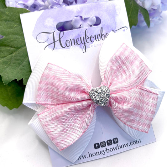 3.5 inch Light pink gingham double tux bow