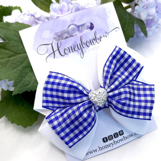 3.5 inch Royal blue gingham double tux bow
