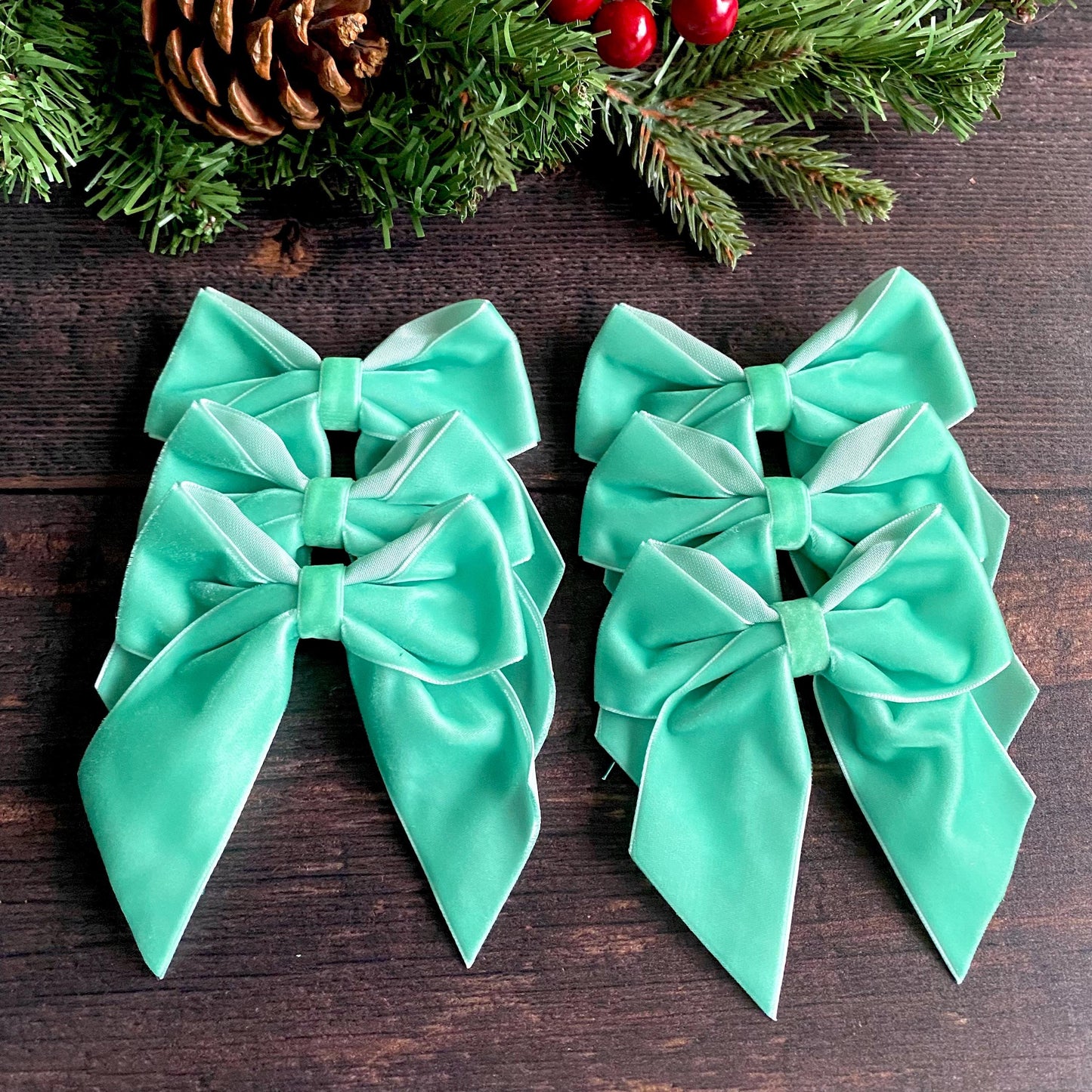 6 pack Pastel green velvet bows 5.5 inch