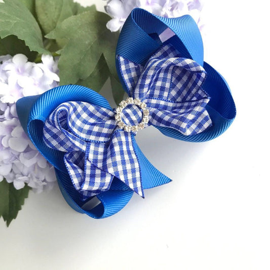 4.75 inch Royal blue gingham double bowtique bow