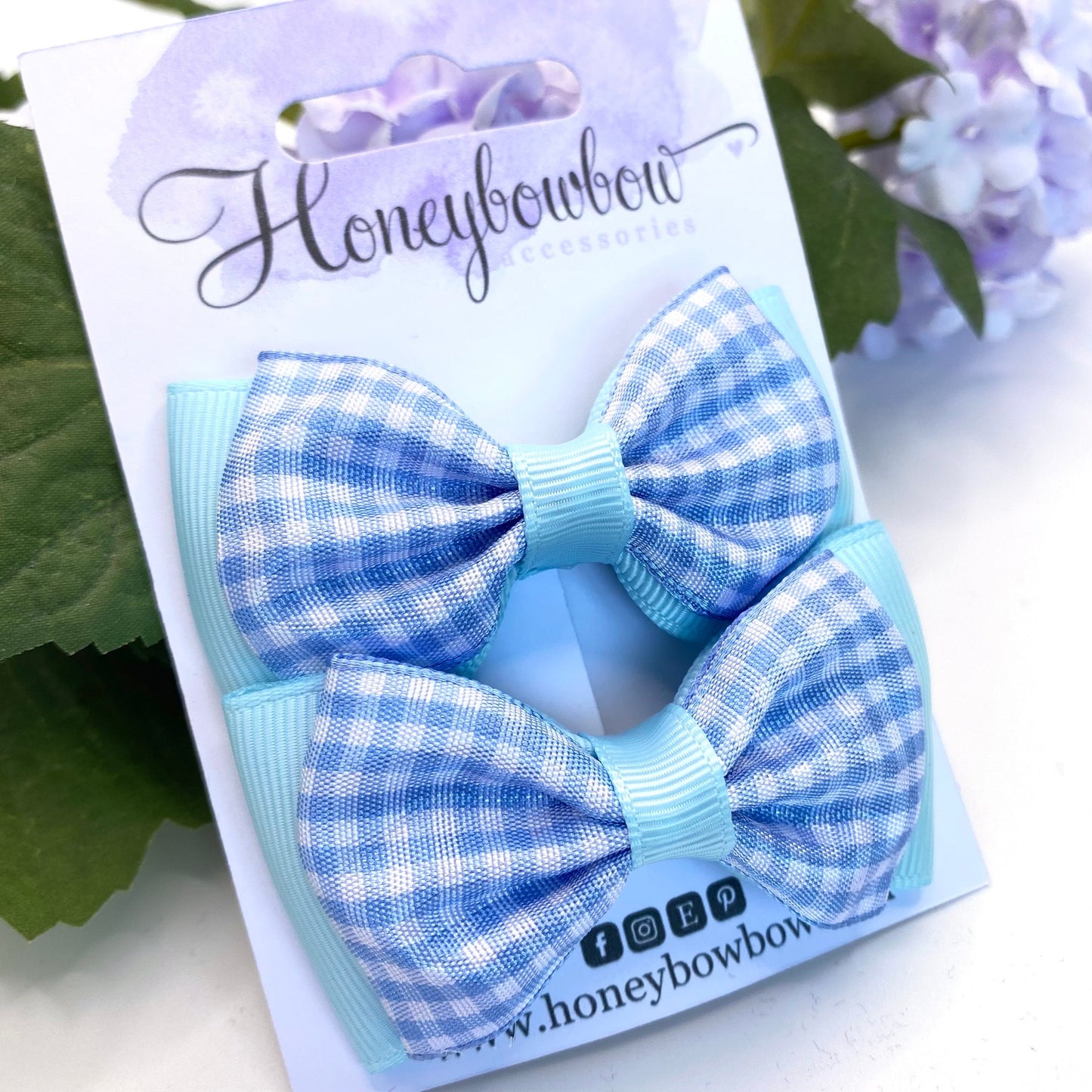 3 inch light blue gingham double classic bows