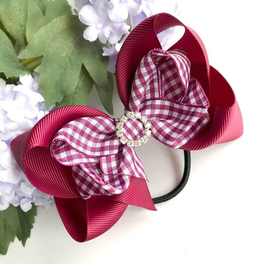 4.75 inch wine burgundy gingham double boutique bow