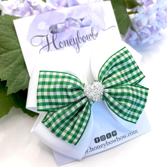 3.5 inch Green gingham double tux bow