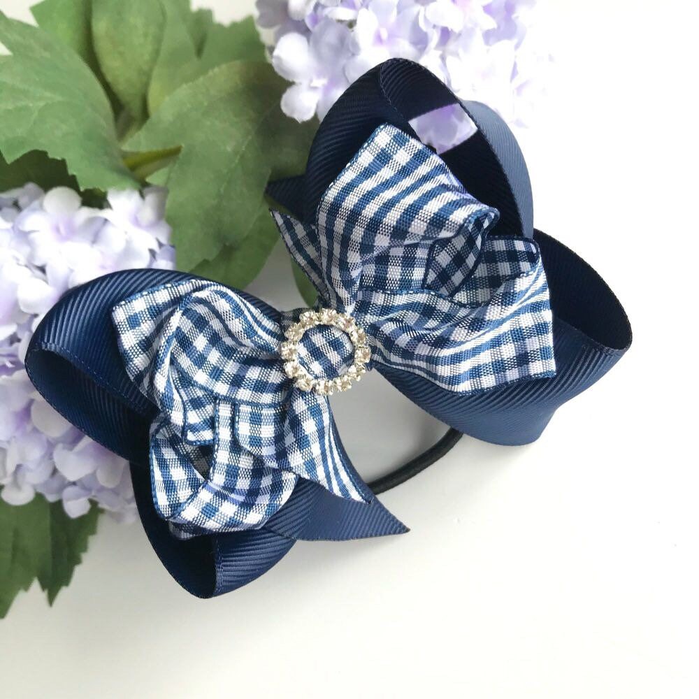4.75 inch Navy gingham double bowtique bow