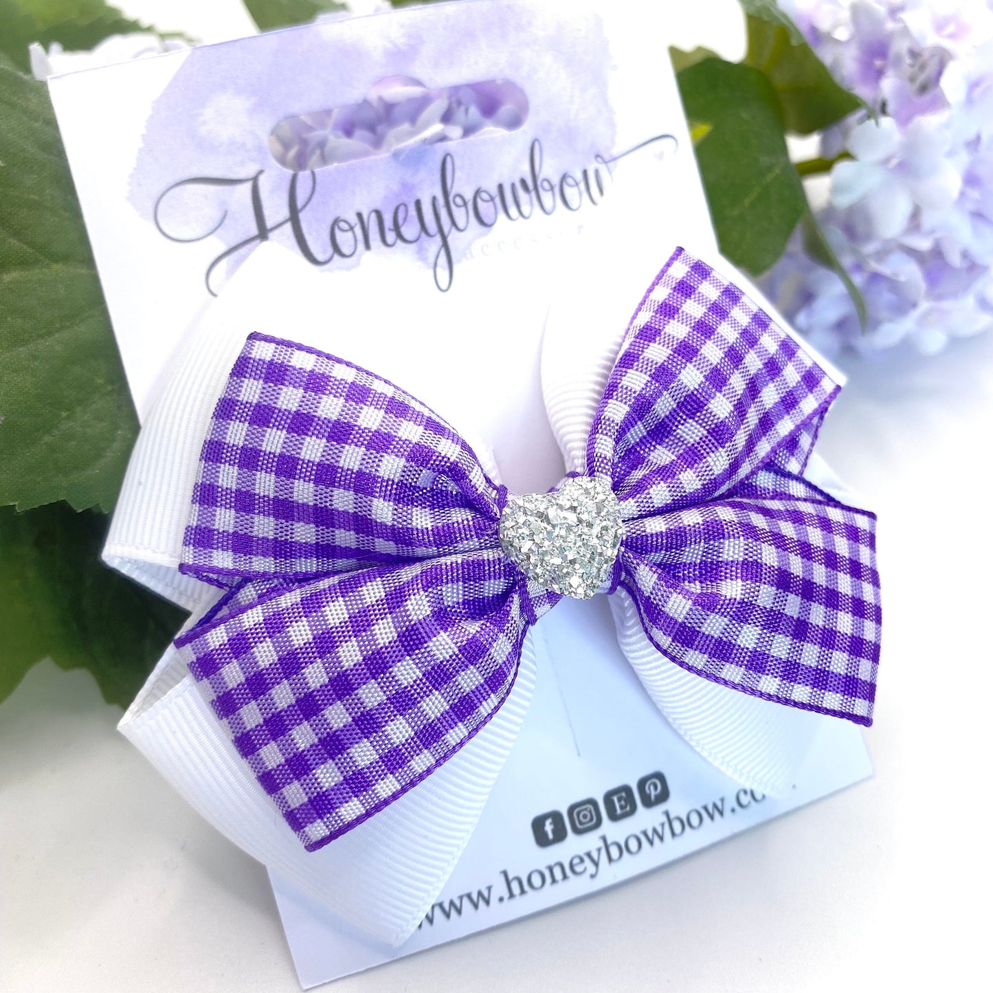 3.5 inch purple gingham double tux hair bow