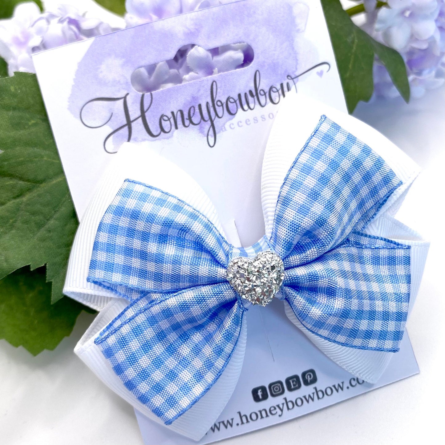 3.5 inch Light blue double tux gingham bow