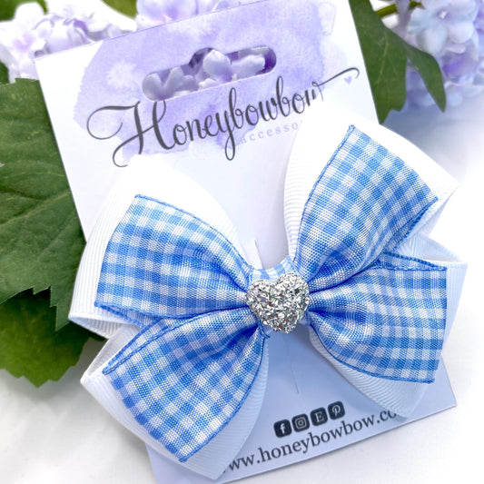 3.5 inch Light blue double tux gingham bow