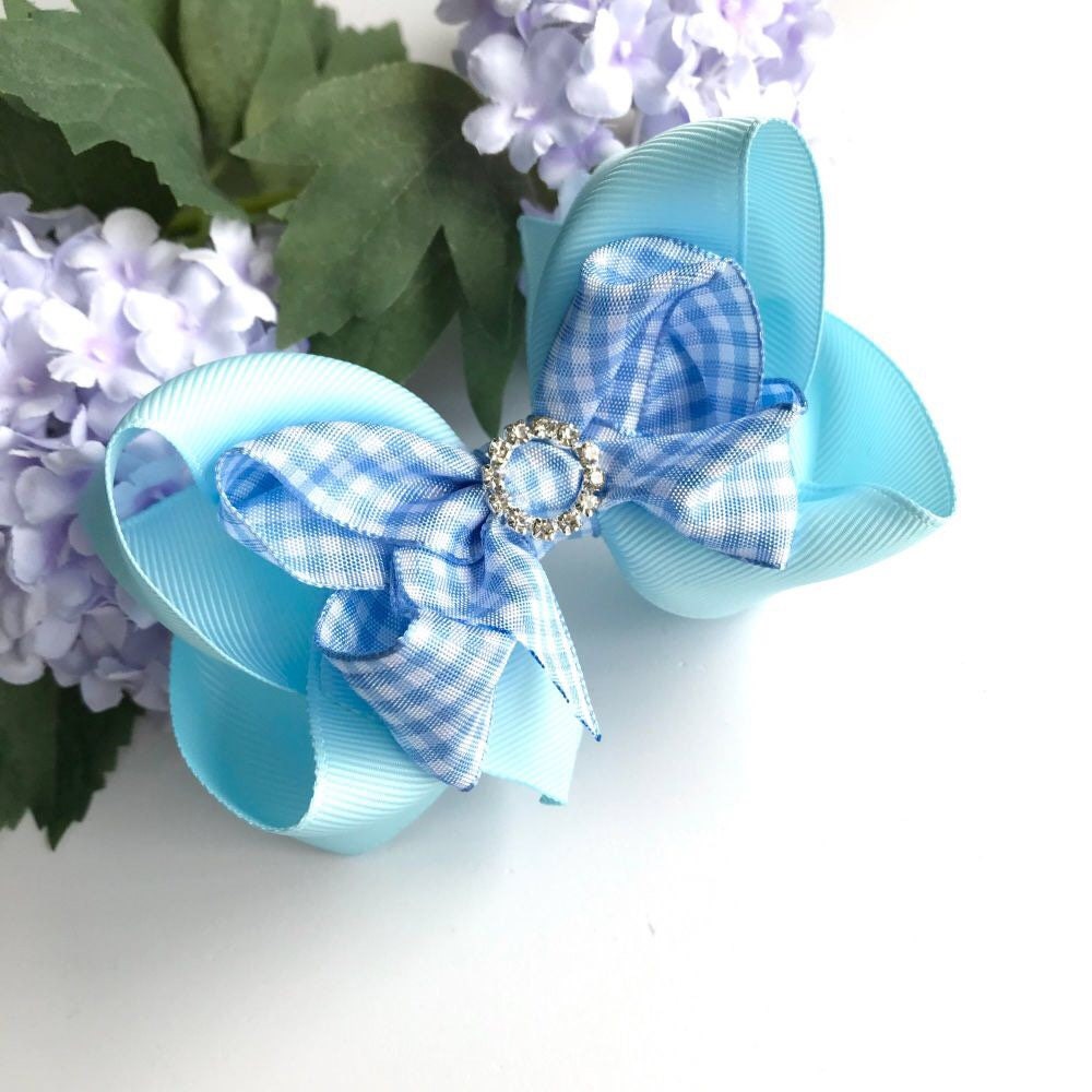 4.75 inch Light blue gingham double tux bow